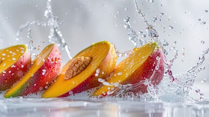Poster - Fresh fruit slices splashing in water, showcasing vibrant colors and dynamic movement.