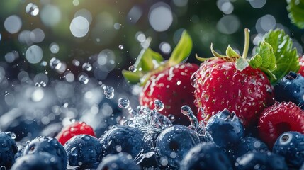 Poster - Fresh strawberries and blueberries splashing in water, highlighting their vibrant colors.