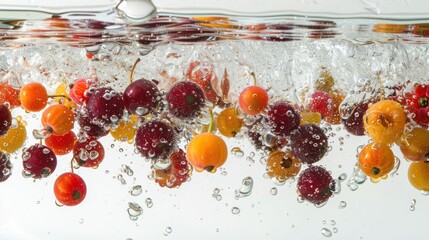 Poster - Vibrant fruits splashing into water, creating bubbles and a refreshing scene.