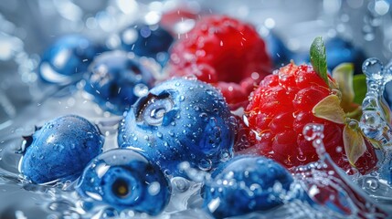 Poster - Fresh blueberries and raspberries splashing in water, showcasing vibrant colors and textures.