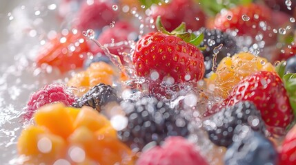 Poster - Vibrant splash of assorted berries and fruits in water, showcasing freshness and vitality.