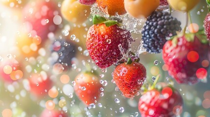 Poster - A vibrant display of fresh strawberries and other fruits splashing in water.