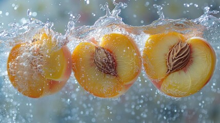 Poster - Three halved peaches submerged in sparkling water, creating a refreshing visual effect.