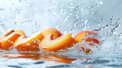 Poster - Fresh peach slices splashing in water, showcasing vibrant colors and dynamic movement.
