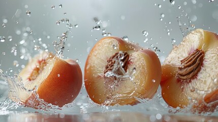 Poster - Juicy peach halves splashing in water, showcasing freshness and vitality.