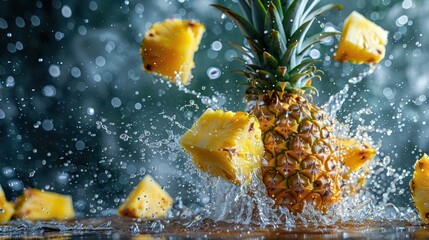 Poster - A pineapple splashes into water, with flying chunks creating a vibrant, refreshing scene.