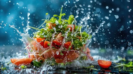 Poster - A vibrant salad splashes into water, showcasing freshness and culinary appeal.