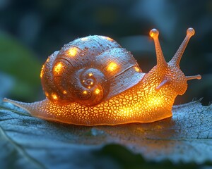 Wall Mural - Glowing Snail Munching on Vibrant Leaf with Dew Sparkles