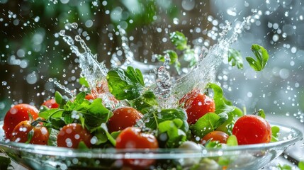 Poster - Fresh vegetables splashing in water, symbolizing cleanliness and freshness in food preparation.