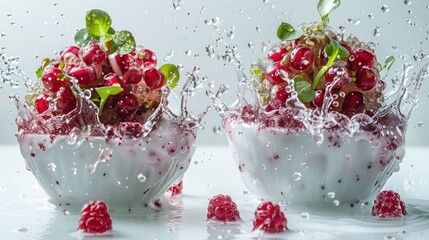 Poster - Fresh fruit bowls splashing in water, showcasing vibrant colors and textures.