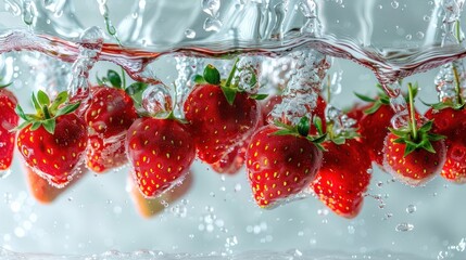 Poster - Fresh strawberries submerged in water, creating bubbles and splashes.