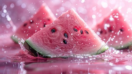 Poster - Slices of watermelon splashing in water, showcasing freshness and summer vibes.