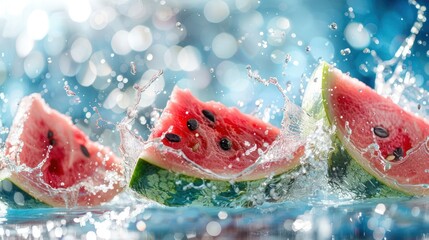 Poster - Juicy watermelon slices splash in water, creating a refreshing and vibrant scene.