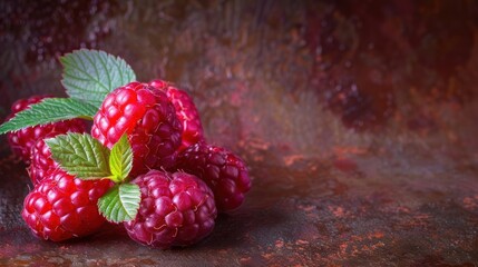Poster - A cluster of fresh raspberries with green leaves on a textured background.