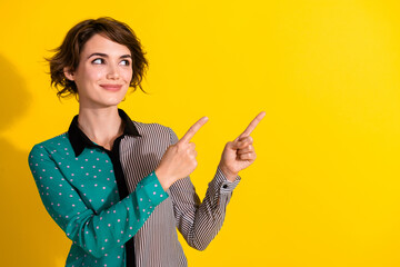 Aufkleber - photo of pretty cute lovely girl wear stylish dotted print clothes look empty space isolated on yell