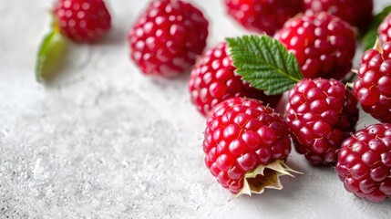 Poster - A close-up of fresh raspberries with green leaves on a light background.