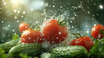 Poster - Fresh tomatoes and cucumbers splashing in water, highlighting freshness and vitality.