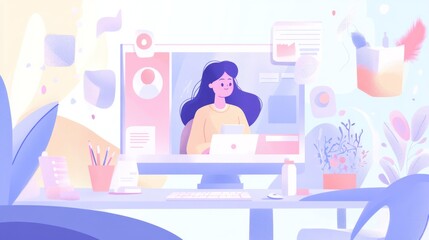 Poster - Woman working on laptop at desk, office background, productivity