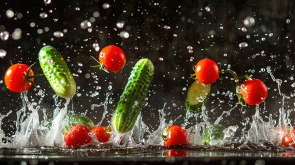 Poster - Fresh vegetables splashing in water, showcasing vibrant colors and freshness.
