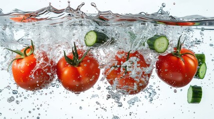 Poster - Fresh tomatoes and cucumbers splashing in water, highlighting freshness and vitality.