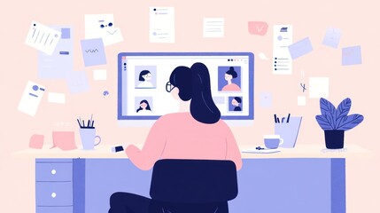 Poster - Woman video conferencing at desk, project notes background, remote work