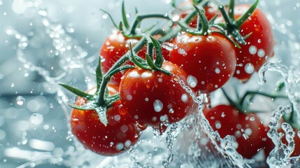 Poster - Fresh red tomatoes splashing in water, showcasing freshness and vitality.