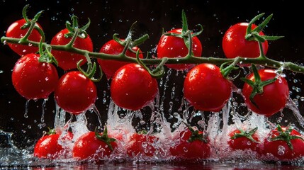 Poster - A vibrant cluster of red tomatoes splashing in water, showcasing freshness and vitality.