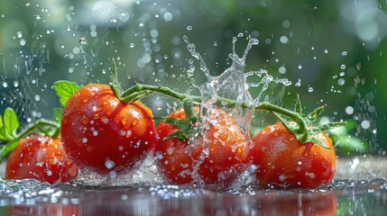 Poster - Fresh tomatoes splashing in water, showcasing their vibrant color and freshness.