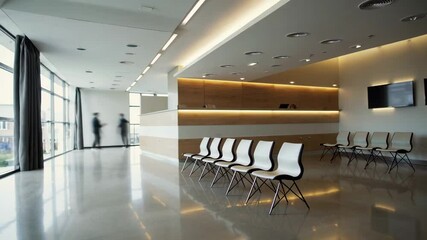 Aufkleber - Medical professionals slowly walking through bright, spacious hospital waiting room with empty chairs, depicting contemporary healthcare environment in slow motion sequence