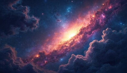 Poster - Colorful cosmos illustration. Starry night universe astronomy background. Space galaxy with glowing cloud nebula, stars. Backdrop for cover, card, postcard, interior design, banner, poster, brochure