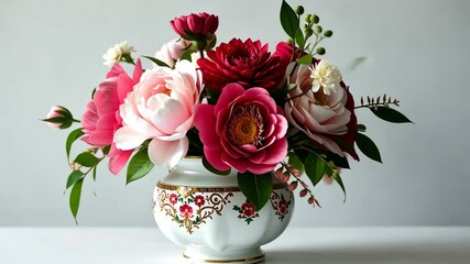 Poster - A white vase with pink flowers in it. The vase is on a table