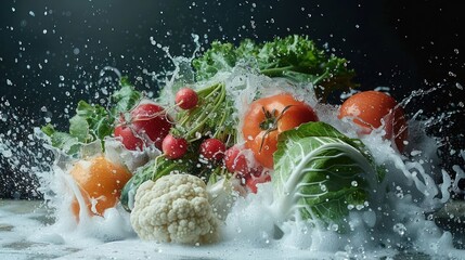 Poster - Fresh fruits and vegetables splashing in water, showcasing vibrant colors and textures.