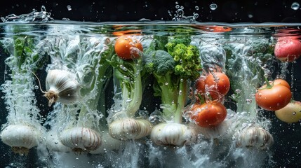 Poster - Fresh vegetables splashing in water, showcasing vibrant colors and textures.
