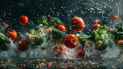 Poster - Vibrant splash of fresh vegetables and water, emphasizing freshness and culinary creativity.