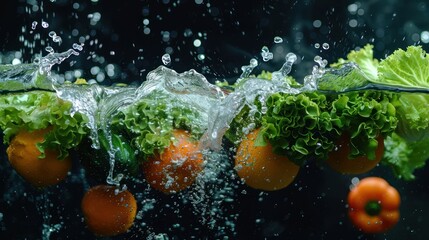 Poster - Fresh vegetables and fruits splashing in water, emphasizing freshness and vitality.