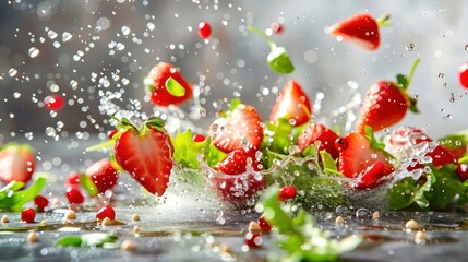 Poster - Fresh strawberries and greens splashing in water, showcasing vibrant colors and freshness.