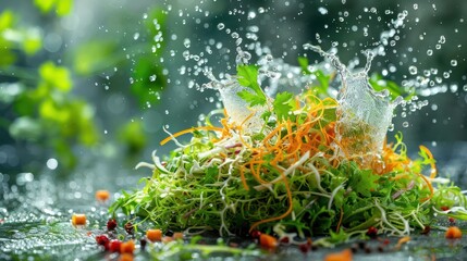 Poster - Fresh salad ingredients splashing in water, showcasing vibrant colors and textures.