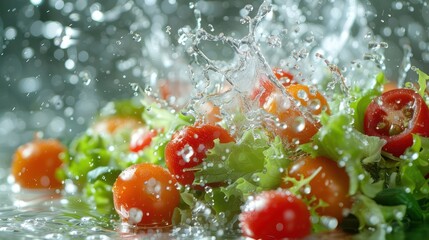 Poster - Fresh vegetables splashing in water, showcasing vibrant colors and textures.