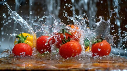 Poster - Fresh tomatoes splashing in water, creating a vibrant and dynamic scene.
