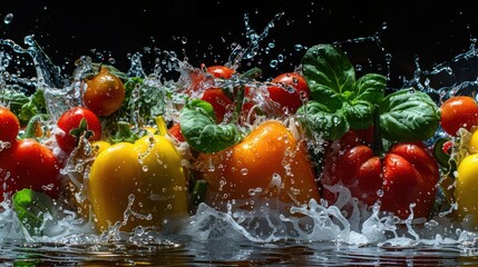 Poster - Vibrant vegetables splashing in water, showcasing freshness and vitality.