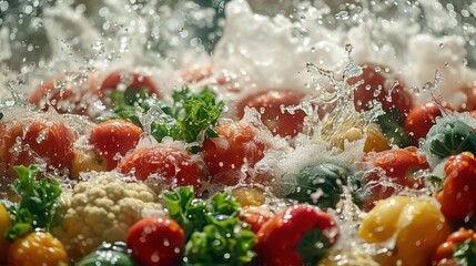 Poster - Fresh vegetables splashing in water, showcasing vibrant colors and textures.