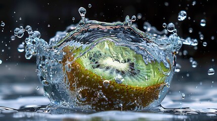 Poster - A kiwi fruit splashes into water, creating dynamic droplets and ripples.