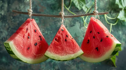 Poster - Slices of watermelon hanging on a stick, showcasing vibrant colors and textures.