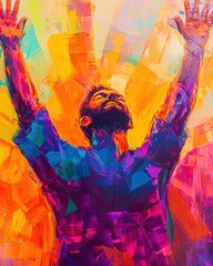 Wall Mural - Inspirational artwork of a devoted man raising his hands in heartfelt worship, expressing spiritual transcendence and soulful devotion in an abstract artistic style