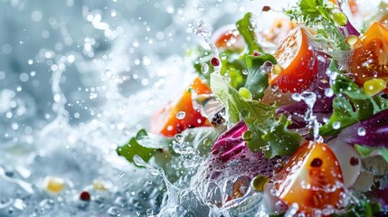 Poster - A vibrant salad splashes in water, showcasing freshness and vitality.
