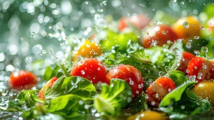 Poster - Fresh vegetables splashing in water, showcasing vibrant colors and textures.