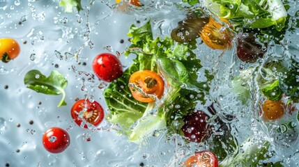 Poster - Fresh vegetables splashing in water, showcasing vibrant colors and textures.