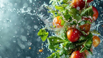 Poster - Fresh vegetables and tomatoes splashing in water, showcasing vibrant colors and textures.