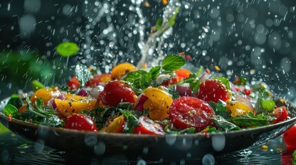 Poster - A vibrant salad with fresh ingredients splashing in water, showcasing freshness and health.