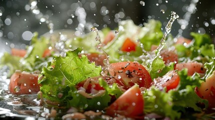 Poster - Fresh salad with tomatoes and lettuce splashing in water.